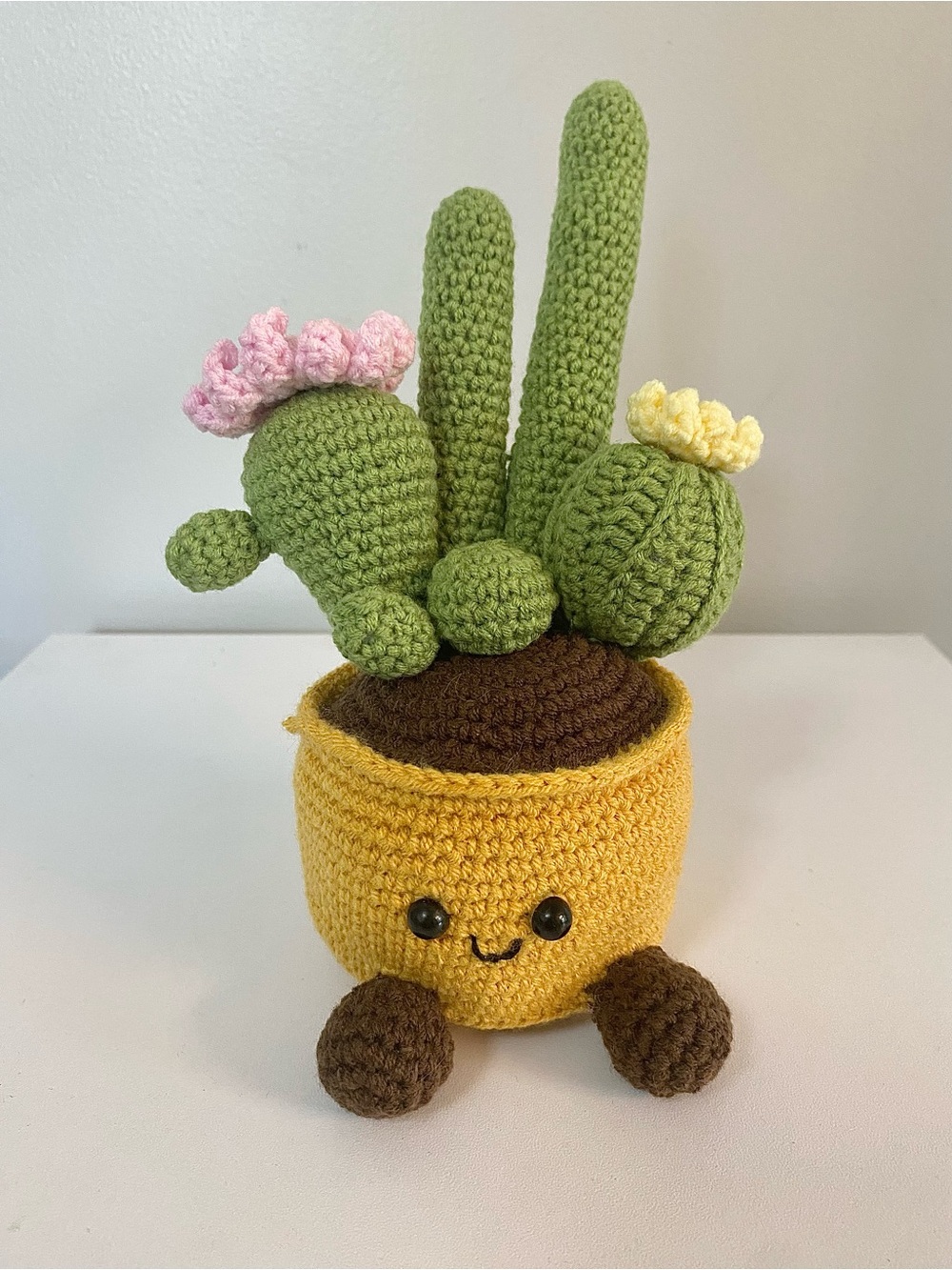 NEW Jellycat inspired Crocheted Cactus Plush in Brown Pot with Pink & Yellow Flo